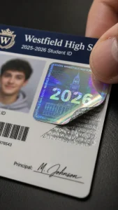 Hologram szkolny 2026 podczas próby odklejenia – widoczne zabezpieczenie typu VOID