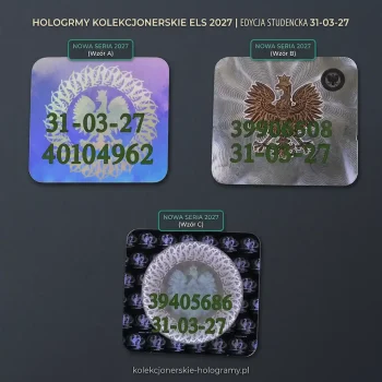 Hologramy kolekcjonerskie ELS 31-03-27 – wzory A, B, C | kolekcjonerskie-hologramy.pl Hologram kolekcjonerski ELS 31-03-27 seria 2027 – warianty A, B i C z kodem uczelni i numerem seryjnym