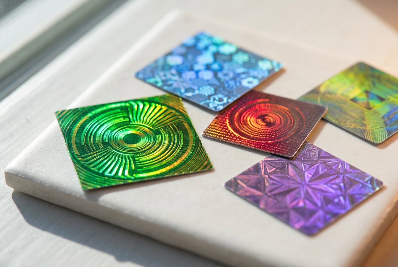 Create a highly realistic macro editorial photograph for an | kolekcjonerskie-hologramy.pl Six holographic square cards with abstract patterns arranged on a white surface.
