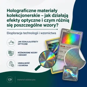 Ilustracja edukacyjna po polsku o holograficznych materiałach kolekcjonerskich, z kartami i hologramami na tle i lupą pokazującą efekt optyczny.