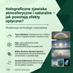 Infografika edukacyjna przedstawiająca naturalne zjawiska optyczne takie jak tęcza, halo, widmo Brockenu oraz iryzacja. Zaprezentowany materiał dydaktyczny odpowiada na pytania jak powstają efekty optyczne, a w kompozycji wyróżnia się wzór jak na hologram szkolny oraz naukowa naklejka szkolna z ilustracjami.